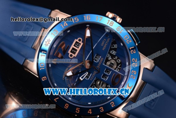 Ulysse Nardin Executive Dual Time & Big Date Asia ST25 Automatic Rose Gold Case Blue Dial Blue Bezel and Blue Rubber Strap - Click Image to Close